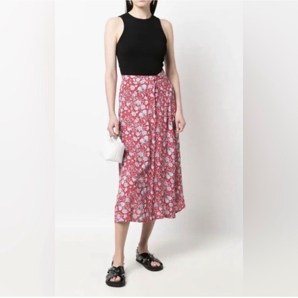 Zadig & Voltaire 36 S June Floral Midi Skirt Red Blue Button Front Boho